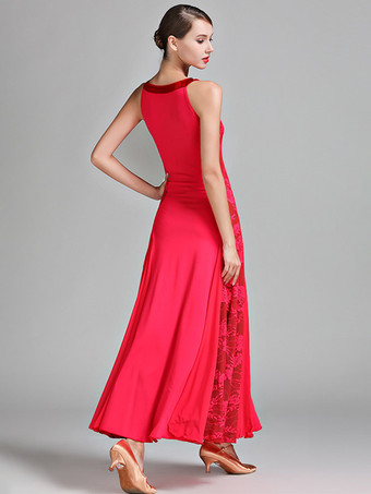 社交ダンス衣装 ブラック レディース エレガント レース 透明 ジュエルネック ポリエステル ドレス レース ストレッチ ダンスウェア