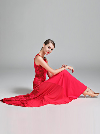 社交ダンス衣装 ブラック レディース エレガント レース 透明 ジュエルネック ポリエステル ドレス レース ストレッチ ダンスウェア