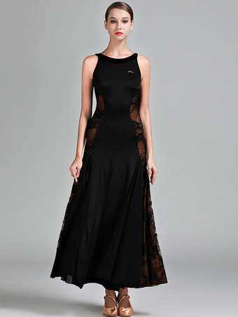 社交ダンス衣装 ブラック レディース エレガント レース 透明 ジュエルネック ポリエステル ドレス レース ストレッチ ダンスウェア