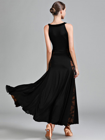 社交ダンス衣装 ブラック レディース エレガント レース 透明 ジュエルネック ポリエステル ドレス レース ストレッチ ダンスウェア