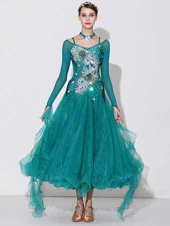 社交ダンス衣装 グリーン レディース セクシー 透明 バトーネック ポリエステルドレス 花 ラインストーン レイヤード ダンスウェア