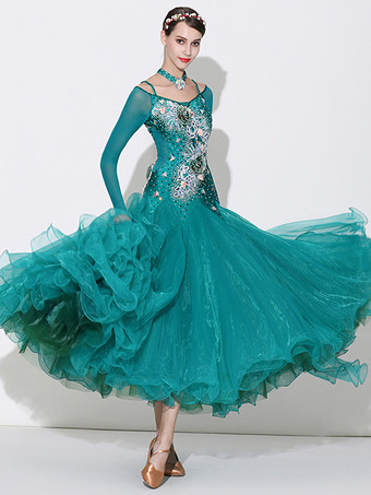 社交ダンス衣装 グリーン レディース セクシー 透明 バトーネック ポリエステルドレス 花 ラインストーン レイヤード ダンスウェア