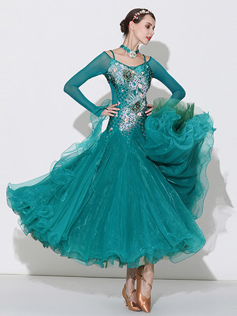 社交ダンス衣装 グリーン レディース セクシー 透明 バトーネック ポリエステルドレス 花 ラインストーン レイヤード ダンスウェア