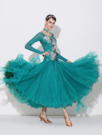 社交ダンス衣装 グリーン レディース セクシー 透明 バトーネック ポリエステルドレス 花 ラインストーン レイヤード ダンスウェア