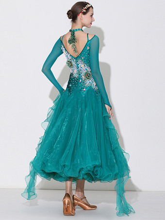 社交ダンス衣装 グリーン レディース セクシー 透明 バトーネック ポリエステルドレス 花 ラインストーン レイヤード ダンスウェア