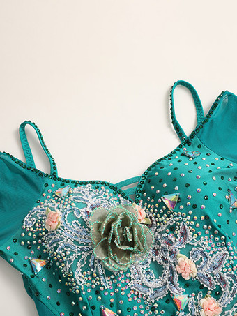 社交ダンス衣装 グリーン レディース セクシー 透明 バトーネック ポリエステルドレス 花 ラインストーン レイヤード ダンスウェア