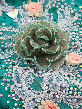 社交ダンス衣装 グリーン レディース セクシー 透明 バトーネック ポリエステルドレス 花 ラインストーン レイヤード ダンスウェア