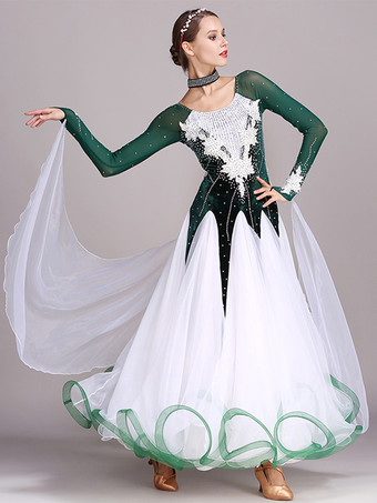 ダークグリーン社交ダンス衣装 ブラック レディース エレガント ジュエルネック ポリエステルドレス ラインストーン レース レイヤード ダンスドレス