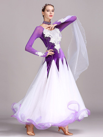 パープル 社交ダンス衣装 ブラック レディース エレガント ジュエルネック ポリエステルドレス ラインストーン レース レイヤード ダンスドレス