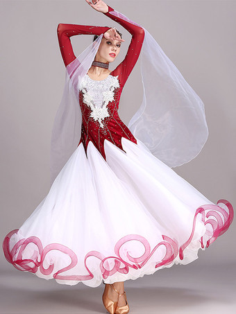 ワインレッド 社交ダンス衣装 ブラック レディース エレガント ジュエルネック ポリエステルドレス ラインストーン レース レイヤード ダンスドレス