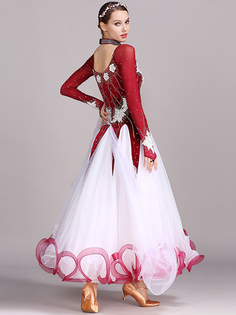 社交ダンス衣装 ブラック レディース エレガント ジュエルネック ポリエステルドレス ラインストーン レース レイヤード ダンスドレス