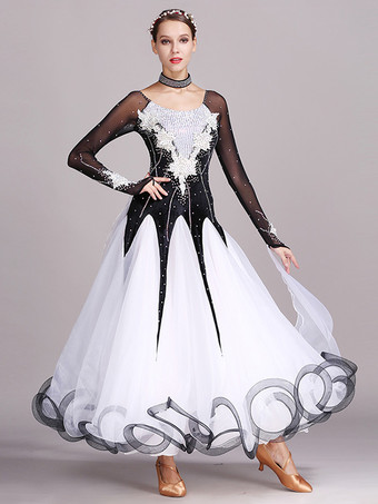 ブラック 社交ダンス衣装 ブラック レディース エレガント ジュエルネック ポリエステルドレス ラインストーン レース レイヤード ダンスドレス