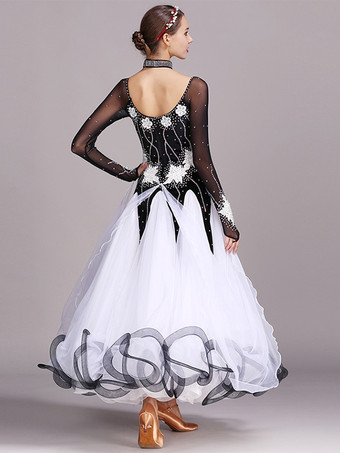 社交ダンス衣装 ブラック レディース エレガント ジュエルネック ポリエステルドレス ラインストーン レース レイヤード ダンスドレス