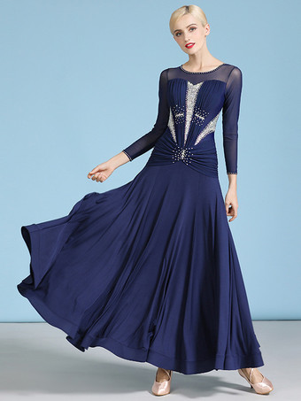 ダークネイビー社交ダンス衣装 ダークネイビー レディース セクシー ジュエルネック ポリエステルドレス ラインストーン レイヤード ダンスウェア