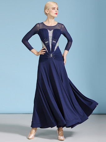 社交ダンス衣装 ダークネイビー レディース セクシー ジュエルネック ポリエステルドレス ラインストーン レイヤード ダンスウェア