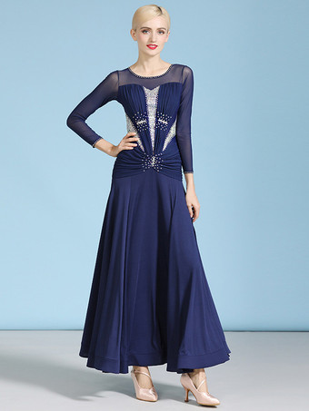 社交ダンス衣装 ダークネイビー レディース セクシー ジュエルネック ポリエステルドレス ラインストーン レイヤード ダンスウェア