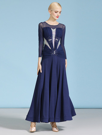 社交ダンス衣装 ダークネイビー レディース セクシー ジュエルネック ポリエステルドレス ラインストーン レイヤード ダンスウェア