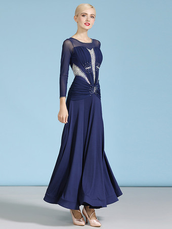 社交ダンス衣装 ダークネイビー レディース セクシー ジュエルネック ポリエステルドレス ラインストーン レイヤード ダンスウェア