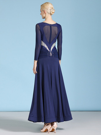 社交ダンス衣装 ダークネイビー レディース セクシー ジュエルネック ポリエステルドレス ラインストーン レイヤード ダンスウェア