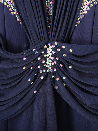 社交ダンス衣装 ダークネイビー レディース セクシー ジュエルネック ポリエステルドレス ラインストーン レイヤード ダンスウェア