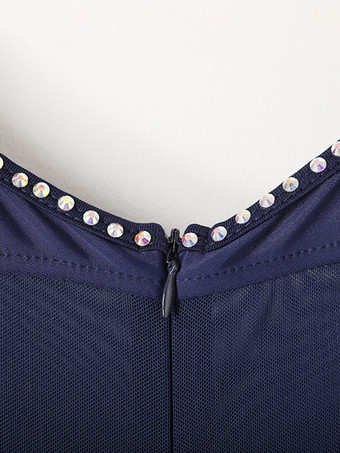 社交ダンス衣装 ダークネイビー レディース セクシー ジュエルネック ポリエステルドレス ラインストーン レイヤード ダンスウェア