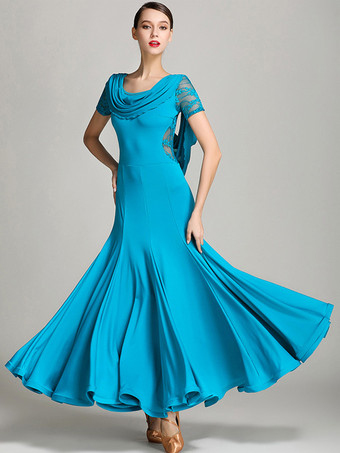 ライトスカイブルー社交ダンス衣装 バーガンディ レディース エレガント 透明 カウルネック ポリエステル ドレス レース フリル プリーツ ダンスドレス