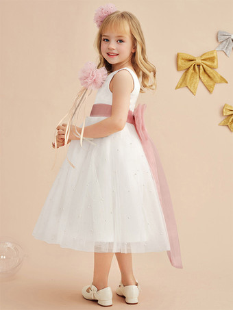 ウェディング フラワーガールドレス 特別な日のドレス アイボリー ノースリーブ サッシュ