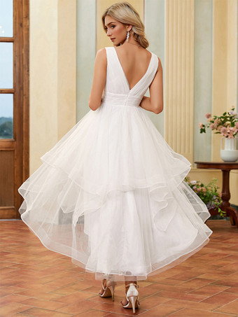 ショートウェディングドレス 足首丈 Vネック ノースリーブ Aライン チュール ブライダルガウン