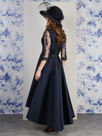 マザードレス Vネック 7分袖 Aライン レース ティー丈 ウェディングゲストドレス