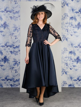 マザードレス Vネック 7分袖 Aライン レース ティー丈 ウェディングゲストドレス