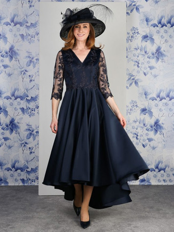 ダークネイビーマザードレス Vネック 7分袖 Aライン レース ティー丈 ウェディングゲストドレス