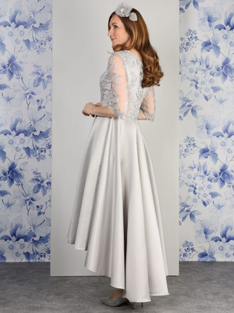 マザードレス Vネック 7分袖 Aライン レース ティー丈 ウェディングゲストドレス