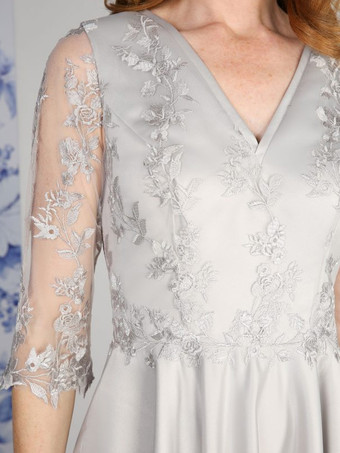 マザードレス Vネック 7分袖 Aライン レース ティー丈 ウェディングゲストドレス