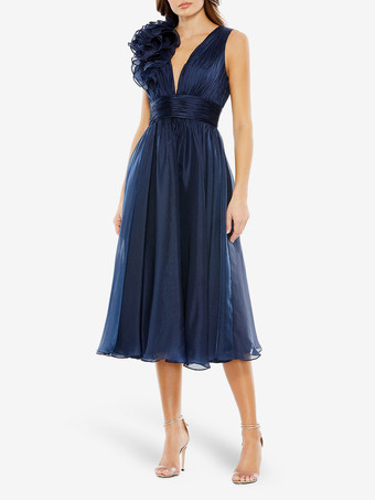 ダークネイビーブライダルマザードレス Vネック ノースリーブ Aライン プリーツ 膝丈 ゲストドレス 結婚式用