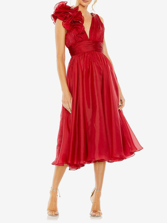 レッド ブライダルマザードレス Vネック ノースリーブ Aライン プリーツ 膝丈 ゲストドレス 結婚式用