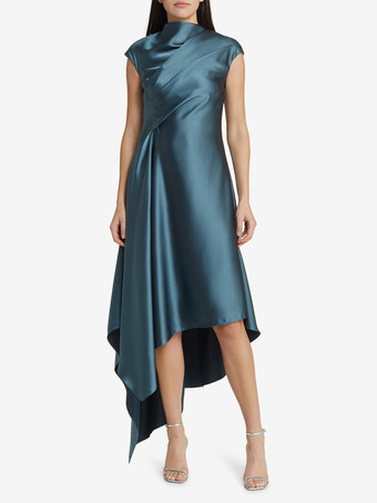 インクブルーマザードレス ハイカラー ノースリーブ Aライン プリーツ 膝丈 ゲストドレス 結婚式用