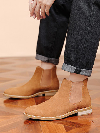 メンズブーツ チェルシーブーツ コーヒーブラウン PUレザー ラウンドトゥ