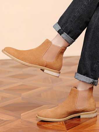 メンズブーツ チェルシーブーツ コーヒーブラウン PUレザー ラウンドトゥ