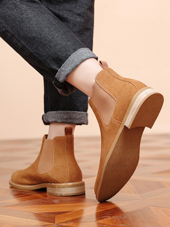 メンズブーツ チェルシーブーツ コーヒーブラウン PUレザー ラウンドトゥ