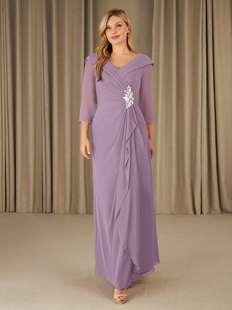 ライラック花嫁の母親のためのパーティードレス Vネック 7分袖 Aライン アップリケ フロアレングス ゲストドレス 結婚式用