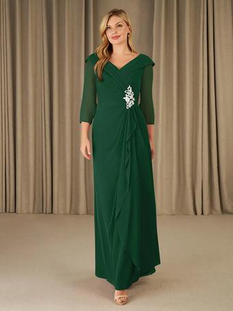 ダークグリーン花嫁の母親のためのパーティードレス Vネック 7分袖 Aライン アップリケ フロアレングス ゲストドレス 結婚式用