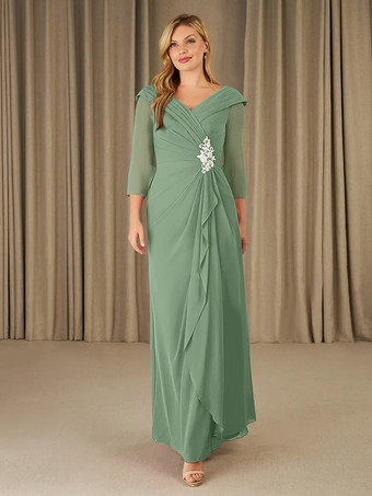 アボカドグリーン花嫁の母親のためのパーティードレス Vネック 7分袖 Aライン アップリケ フロアレングス ゲストドレス 結婚式用