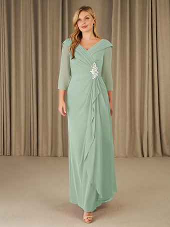 パステルグリーン花嫁の母親のためのパーティードレス Vネック 7分袖 Aライン アップリケ フロアレングス ゲストドレス 結婚式用