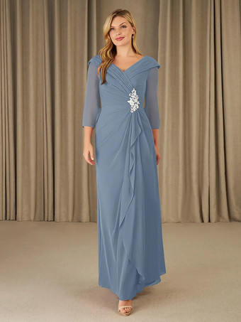 スレートグレー 花嫁の母親のためのパーティードレス Vネック 7分袖 Aライン アップリケ フロアレングス ゲストドレス 結婚式用