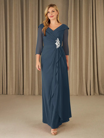 ダークネイビー花嫁の母親のためのパーティードレス Vネック 7分袖 Aライン アップリケ フロアレングス ゲストドレス 結婚式用