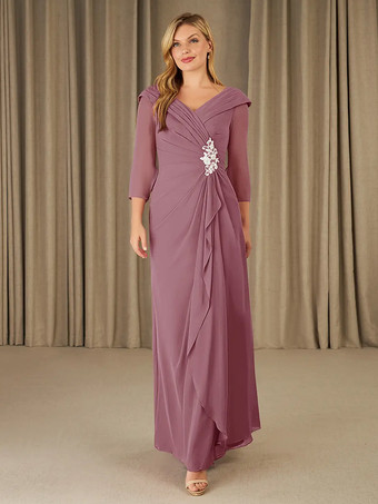 カメオピンク花嫁の母親のためのパーティードレス Vネック 7分袖 Aライン アップリケ フロアレングス ゲストドレス 結婚式用