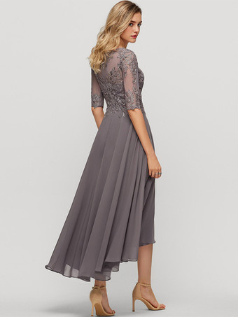 花嫁の母親のためのパーティードレス ジュエルネック ハーフスリーブ Aライン レース ウェディングゲストドレス