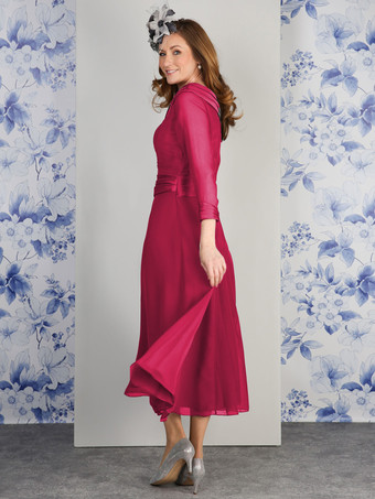 花嫁の母親のためのパーティードレス Vネック 7分袖 Aライン ウェディングゲストドレス