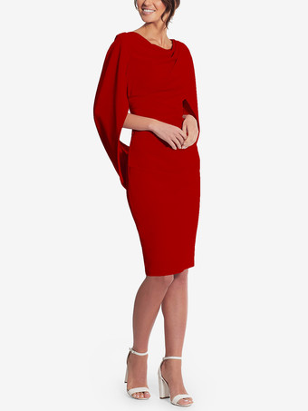 レッド 花嫁の母親のためのパーティードレス Vネック ノースリーブ Aライン プリーツ 膝丈 ウェディングゲストドレス