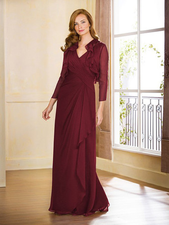 バーガンディーマザードレス Vネック ノースリーブ Aライン プリーツ フロアレングス ゲストドレス 結婚式用